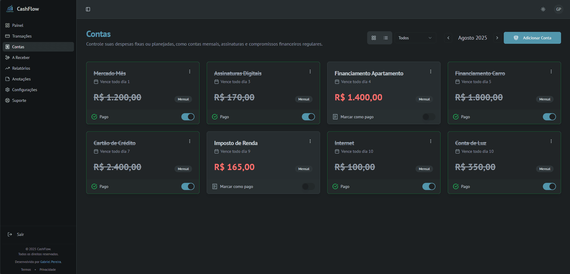 Tela de contas a pagar do CashFlow com uma lista de contas recorrentes.